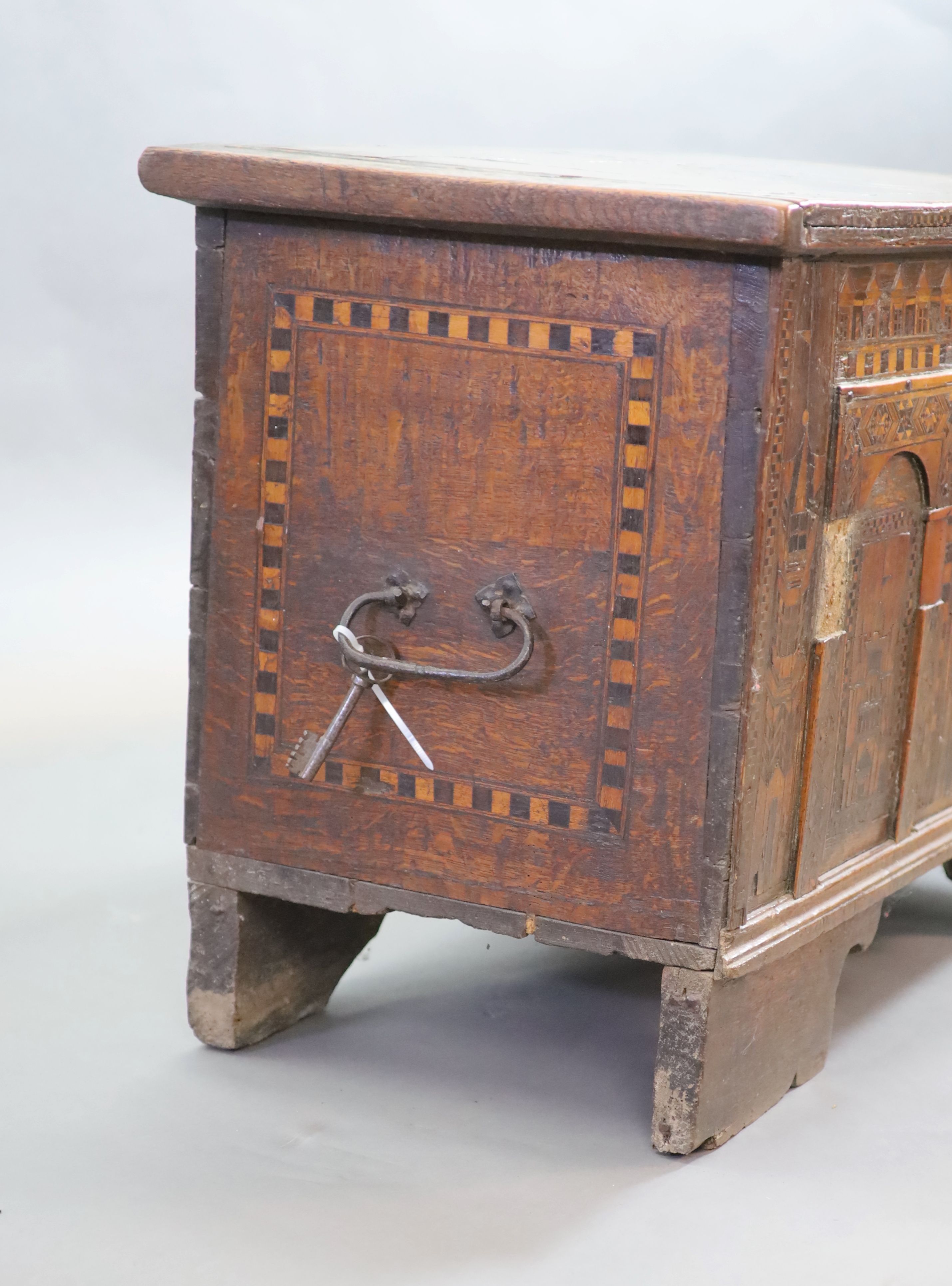 A late 16th century Anglo-German ‘Nonesuch’ chest, 95cm wide, 49cm deep, 65cm high